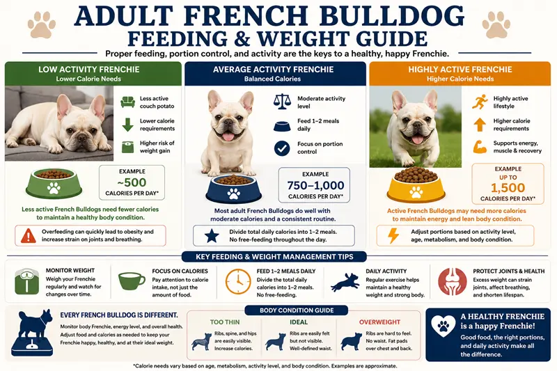 Adult French Bulldog feeding and weight guide chart showing calorie needs, portion control, and feeding schedules