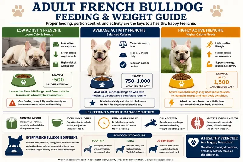 Adult French Bulldog feeding and weight guide chart showing calorie needs, portion control, and feeding schedules