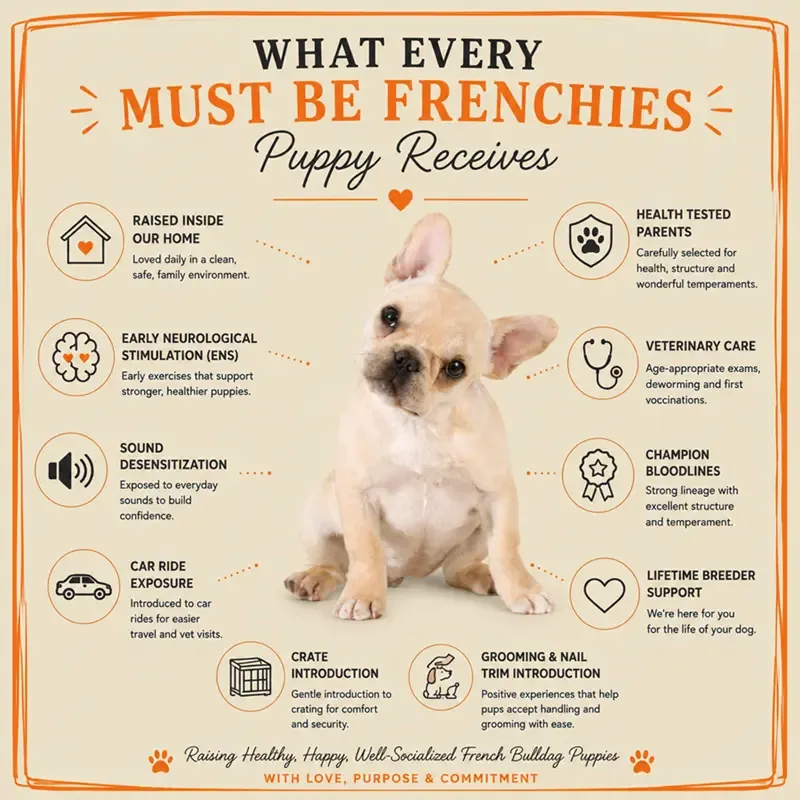 Infographic showing what every Must Be Frenchies puppy receives, including home raising, Early Neurological Stimulation (ENS), sound desensitization, veterinary care, health-tested parents, crate introduction, grooming exposure, and lifetime breeder support.
